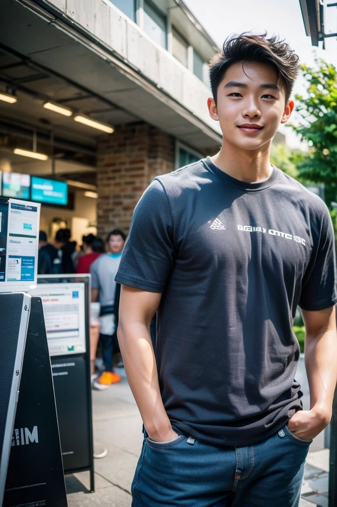 ((realistic daylight)) , Young Korean man in only a black sports shirt, no stripes, and jeans., A handsome, muscular young Asian man looks at the camera. , In a computer shop ,turn sideways, smile