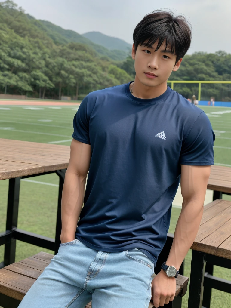 独奏: 1.5, (As a matter of fact, Masterpiece, 8k HD, good light quality, sportswear, fit the face, complicated details), A handsome, muscular young Korean man sits at a table, with muscular arms. , 20 years old, be happy, detailed face, delicate eyes, look at the sky, Wear a tight blue t-shirt.:1.6 , jeans period, black eyes, Black hair color, ผมsmooth, smooth,Surreal,Superb details,Highest quality,real,Open your mouth to talk. , Close your eyes., (standing in the football field:1.1)