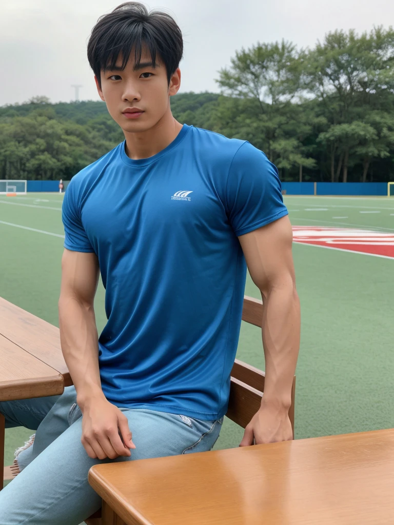 独奏: 1.5, (As a matter of fact, Masterpiece, 8k HD, good light quality, sportswear, fit the face, complicated details), A handsome, muscular young Korean man sits at a table, with muscular arms. , 20 years old, be happy, detailed face, delicate eyes, look at the sky, Wear a tight blue t-shirt.:1.6 , jeans period, black eyes, Black hair color, ผมsmooth, smooth，Surreal，Superb details，Highest quality，real，Open your mouth to talk. , Close your eyes., (standing in the football field:1.1)