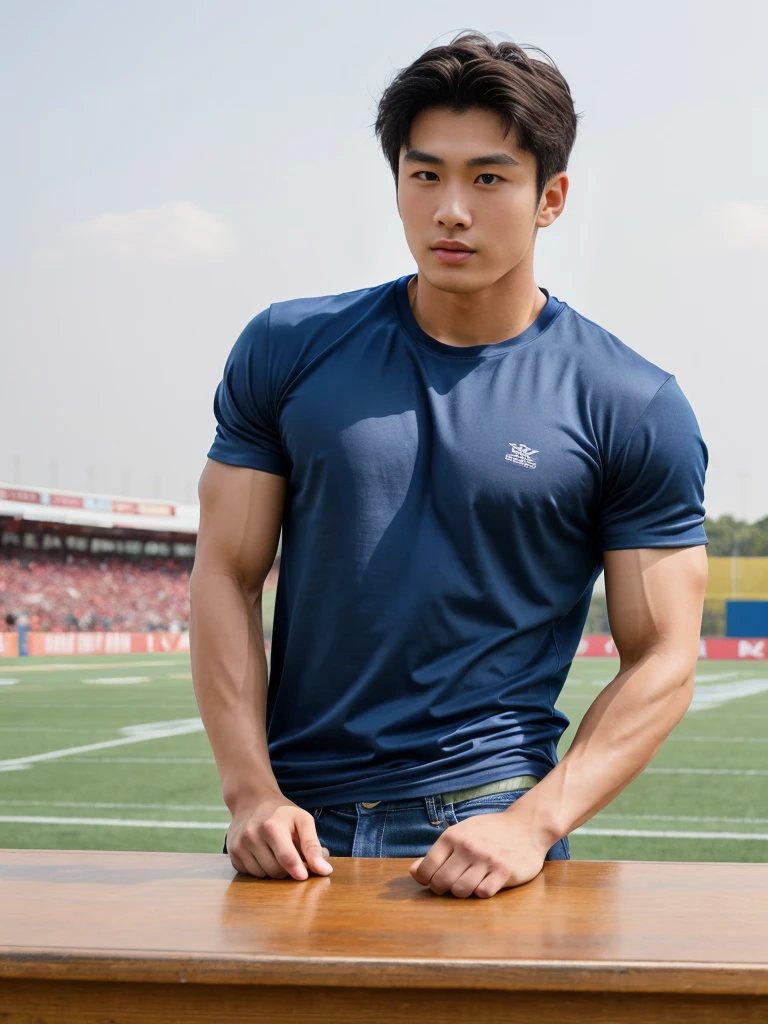 独奏: 1.5, (As a matter of fact, Masterpiece, 8k HD, good light quality, sportswear, fit the face, complicated details), A handsome, muscular young Korean man sits at a table, with muscular arms. , 20 years old, be happy, detailed face, delicate eyes, look at the sky, Wear a tight blue t-shirt.:1.6 , jeans period, black eyes, Black hair color, ผมsmooth, smooth,Surreal,Superb details,Highest quality,real,Open your mouth to talk. , Close your eyes., (standing in the football field:1.1)