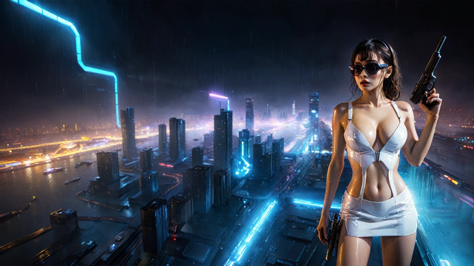 (((aerial view))), (flying cars docking platform), Blade Runner style futuristic railway platform, neon lights, rainy night. (1girl, solo, alone), large-breast:1.2 slim body, cleavage:1.1, sexy wind blowing wet dress:1.4, headphone, (black sunglasses), (((she raised a pistol:1.8 and shot:1.8 the viewer))), dynamic pose, (((half-body thigh level medium shot))), cinematic lighting, lens flare, ray tracing, zoom-in blurred:1.4 background.