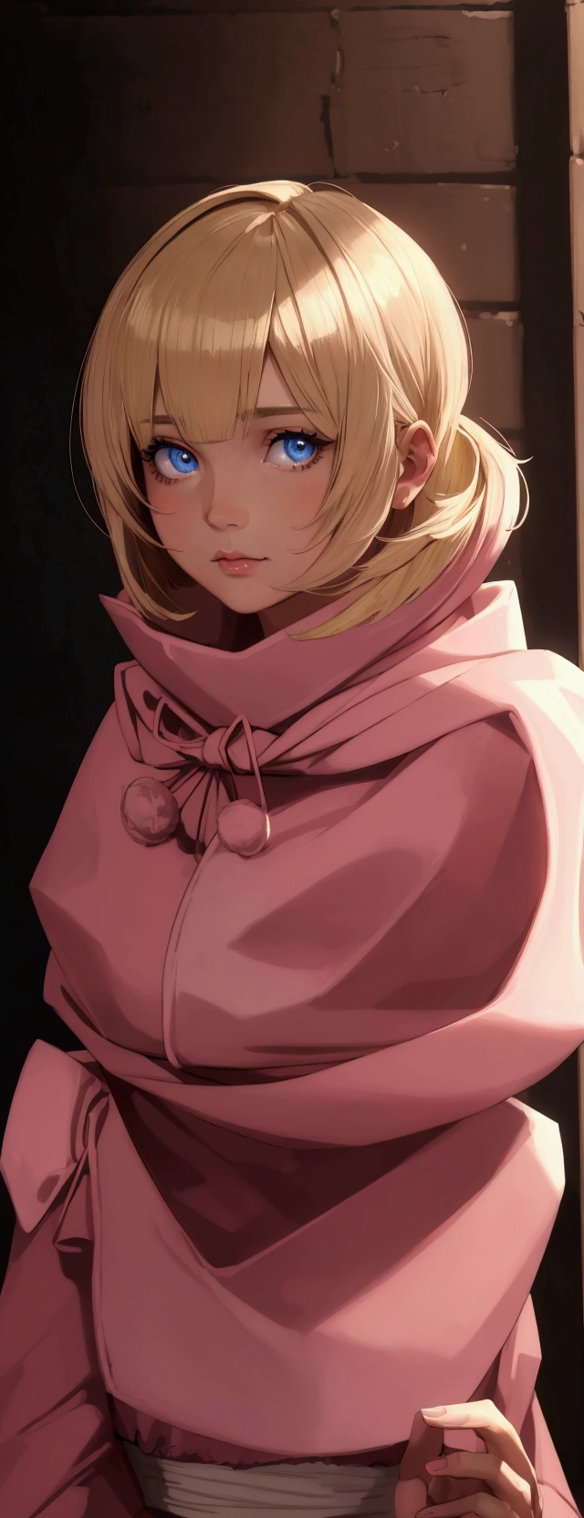 masterpiece), best quality, high resolution blonde 1girl bob cut medium hair standing alone cowl headband profile image looking at viewer beautiful eyes beautiful face extremely detailed pink clothing girly