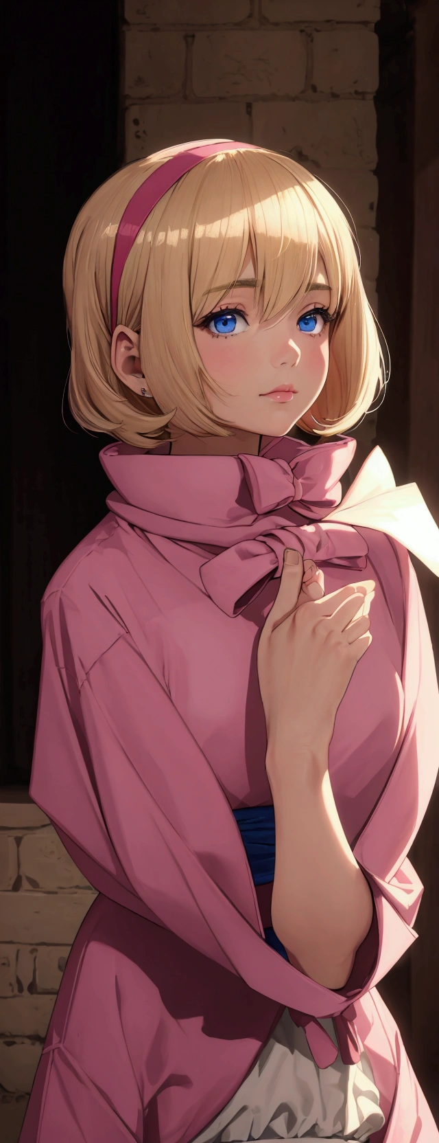 masterpiece), best quality, high resolution blonde 1girl bob cut medium hair standing alone cowl headband profile image looking at viewer beautiful eyes beautiful face extremely detailed pink clothing girly