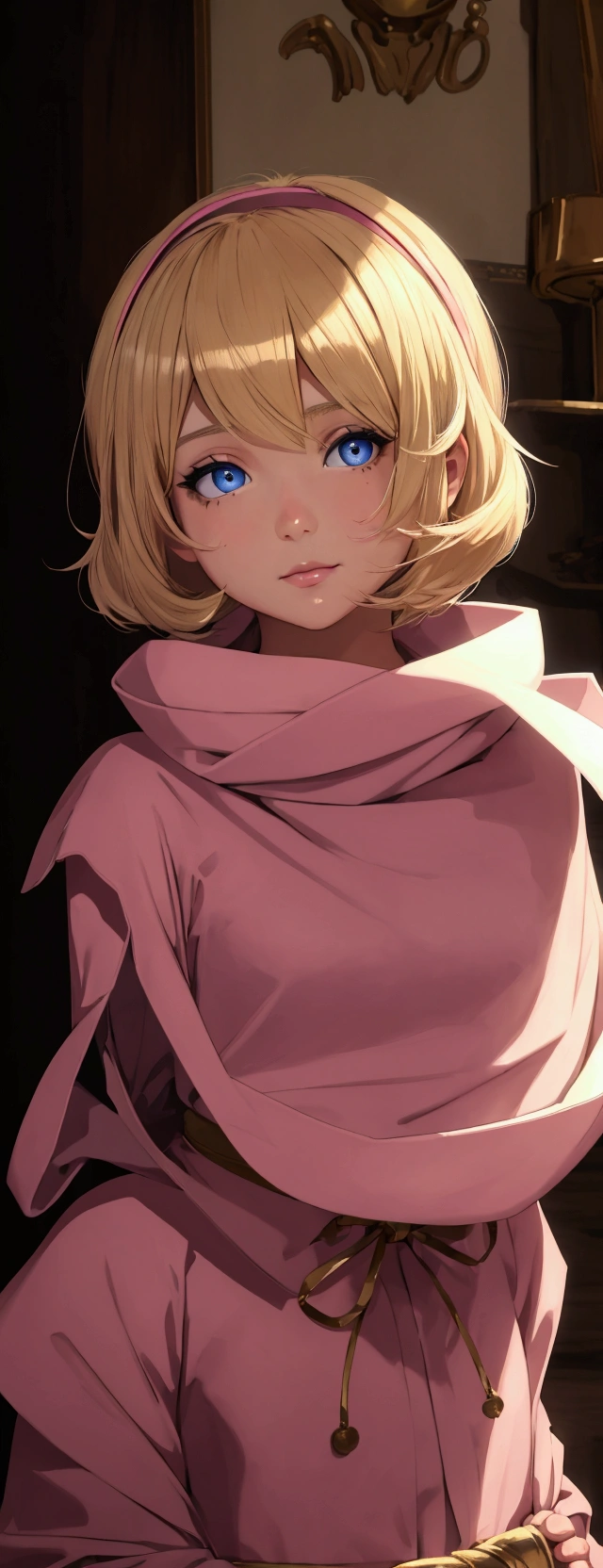 masterpiece), best quality, high resolution blonde 1girl bob cut medium hair standing alone cowl headband profile image looking at viewer beautiful eyes beautiful face extremely detailed pink clothing girly