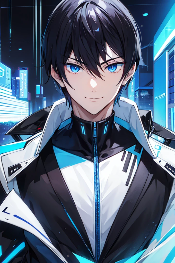 portrait, male, beauty, black hair, blue eyes, cyberpunk, black shirt, white coat, genius, smile, No ear decoration