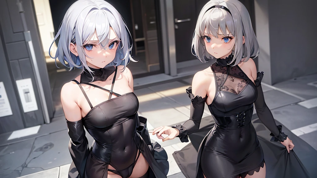 Beautiful gray hair、Short Hair、Beautiful Blue Eyes、Tube top、Cameltoe、black tights、Small breasts、Black Dress、Dark look、Sad face