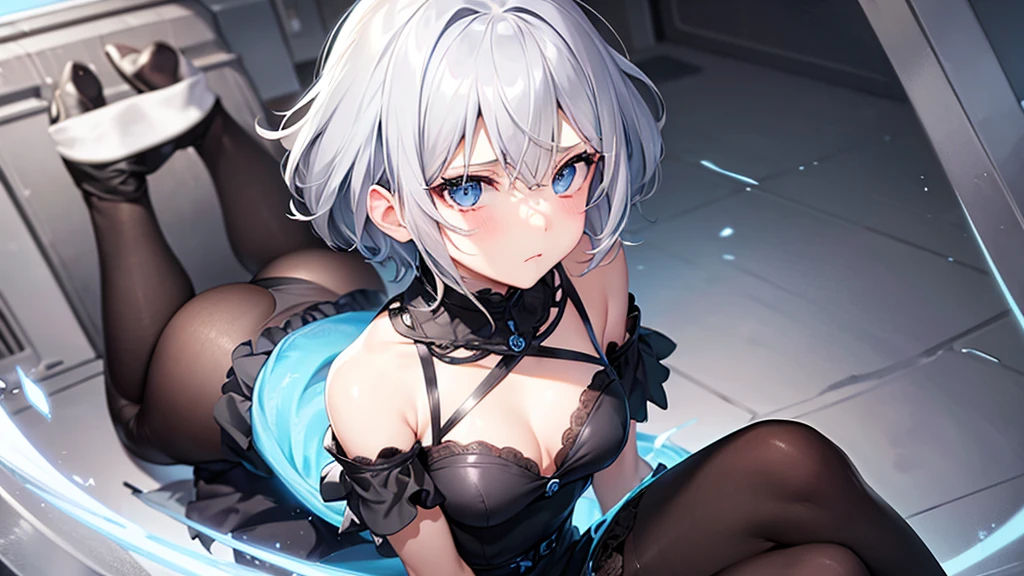 Beautiful gray hair、Short Hair、Beautiful Blue Eyes、Tube top、Cameltoe、black tights、Small breasts、Black Dress、Dark look、Sad face
