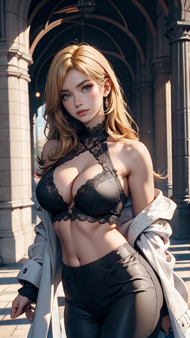 Highest quality, masterpiece, Big Breasts, (Large Breasts), Detailed skin texture, Detailed cloth texture, Detailed face, Super Detail, 8k, Intricate details, One girl, 30 years old, High Contrast, High resolution eyes, blonde、Cleavage Emphasis、24-year-old woman、Sexy proportions、sexy pause、Off-the-shoulder top with lace embellishment、Belly button visible、Low rise leggings、Stiletto heels、Cobblestones、Bewitching Smile、
You can see the Eiffel Tower