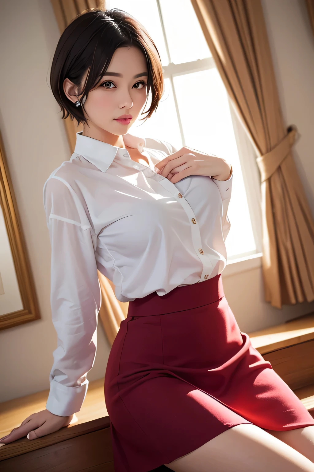 One Woman, alone, middle aged, Beautiful middle aged woman、I could see the whole body、 ((short hair)), ((Brown eyes, Beautiful eyelashes, Realistic eyes)), ((Detailed face, blush:1.2)), ((Smooth texture:0.75, Realistic texture:0.65, Realistic:1.1, Anime CG style)), ((Glamorous Body)),((Big Breasts)), Dynamic Angle, Perfect body, ((Light purple transparent blouse, Red Skirt))、(Hotel stairs)、that'the wind is strong、(Very embarrassing panic smile)、I can see her panties peeking out in front of me.., Angle looking up from the top of the stairs、 (((The wind blew up her skirt、Your pants are completely visible..、Pink Floral Panty Star Piece, Highest quality, High resolution, Pixel perfect, 8k,))),