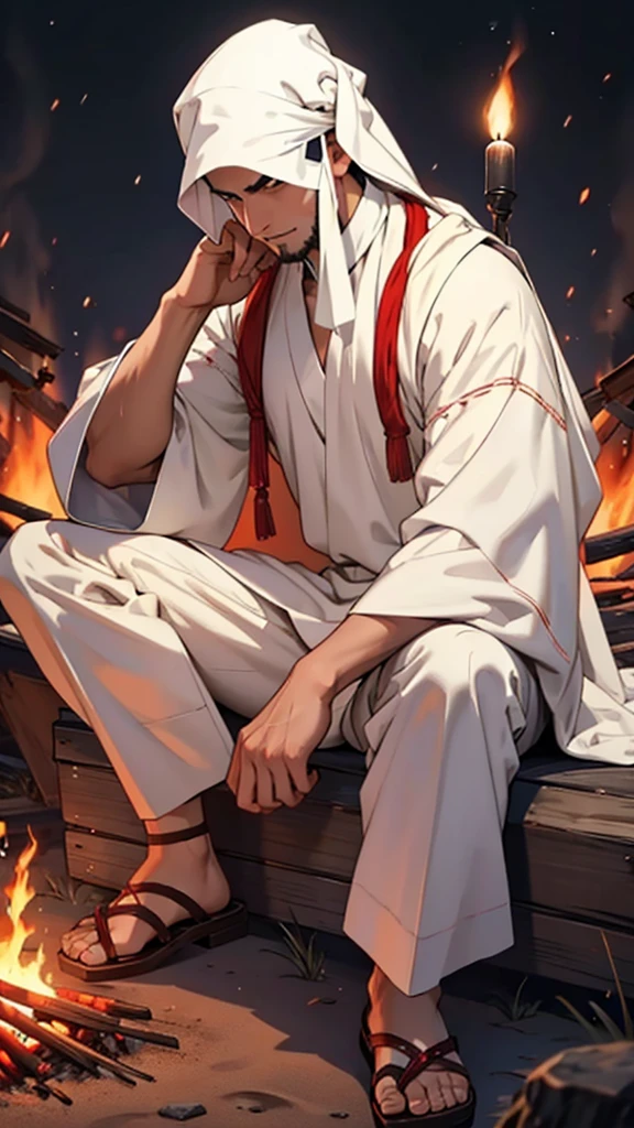 Image of an arabic man, with white clothes. Sit In front of bonfire. The ground is red like flesh