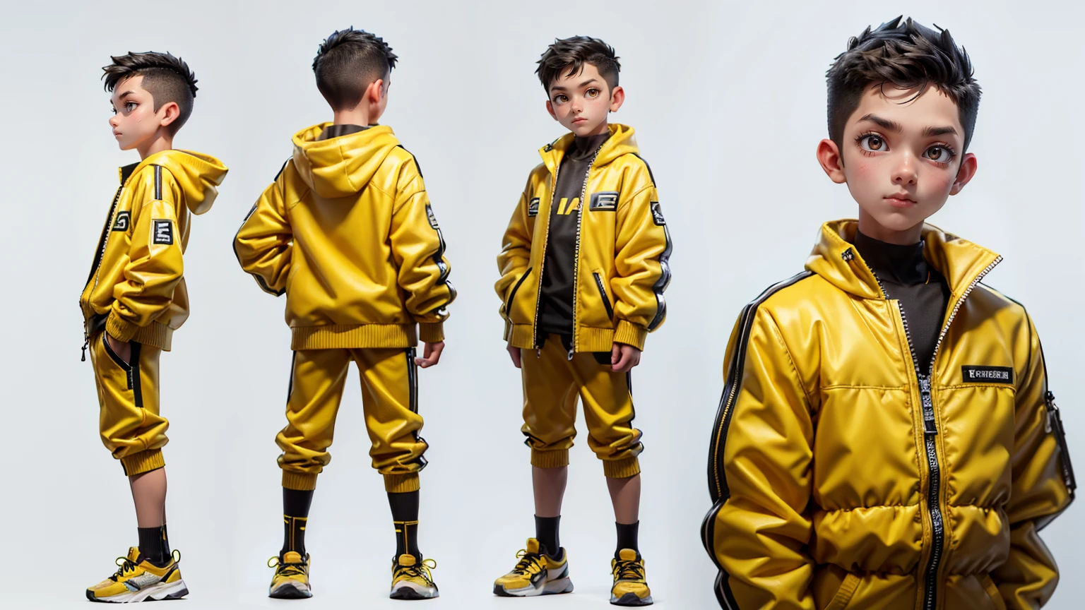 cute face boy, cute face, short height boy, wearing casual futuristic yellow color pent, yellow dress, full standing pose, Undercut hairs, Undercut hairs, sports shoes, Character Sheet, 12 yo student, Full body, Simple white background, front pose character reference sheet, Concept art, design sheet