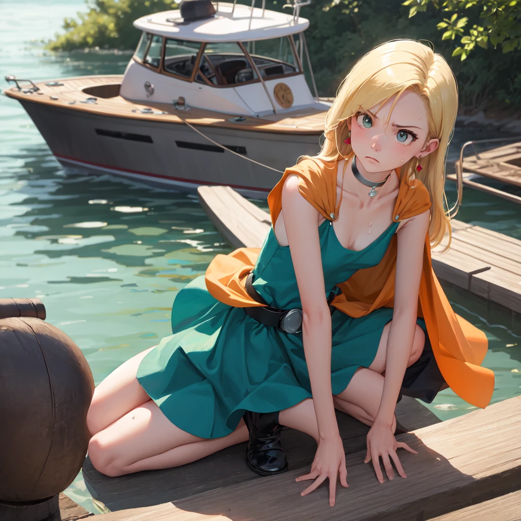 masterpiece, Highest quality, DQ Bianca, 1 person, Single Blade, Earrings, choker, Orange Cape, Green Dress, belt, Small breasts, Sitting, Upper Body, Kneeling, Turn your body forward, hot, Sweating a lot, Wipe away sweat, looking at the camera, Cruiser, Boat, angry