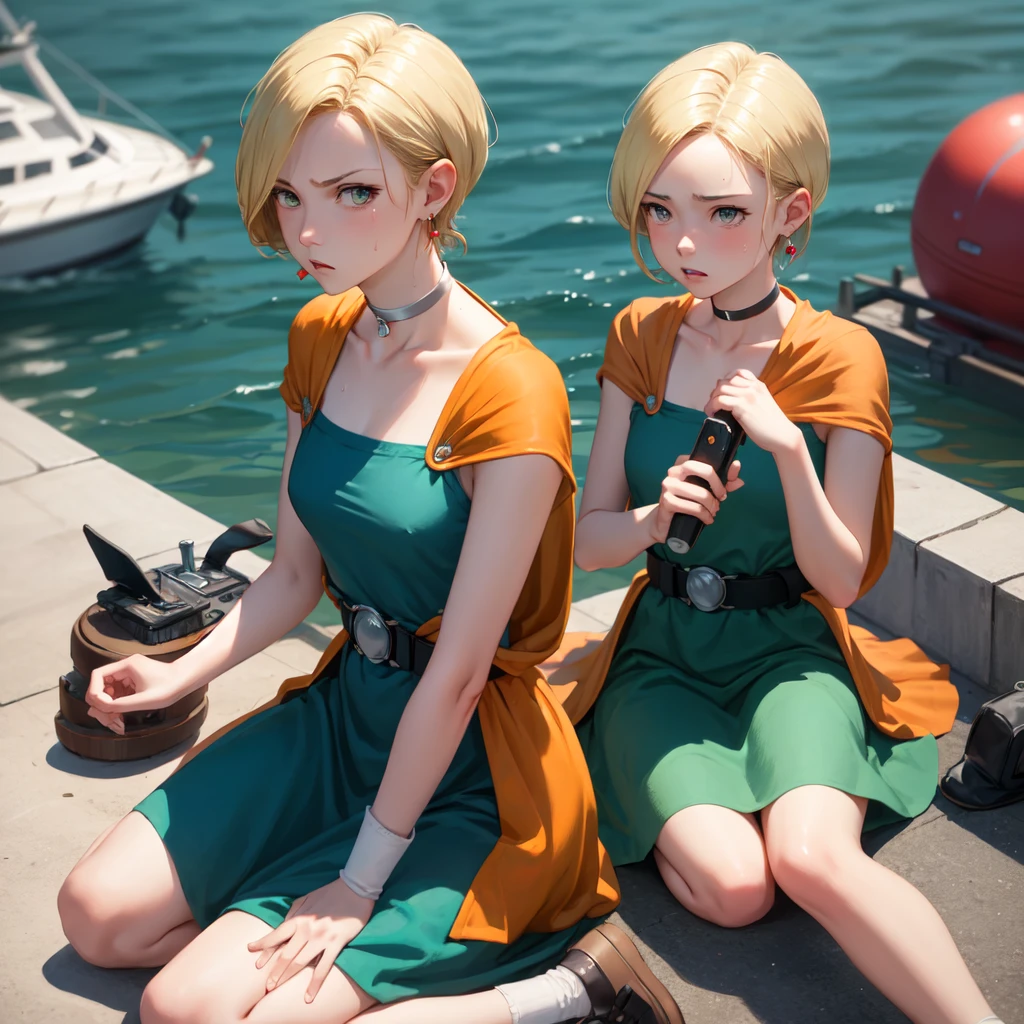 masterpiece, Highest quality, DQ Bianca, 1 person, Single Blade, Earrings, choker, Orange Cape, Green Dress, belt, Small breasts, Sitting, Upper Body, Kneeling, Turn your body forward, hot, Sweating a lot, Wipe away sweat, looking at the camera, Cruiser, Boat, angry
