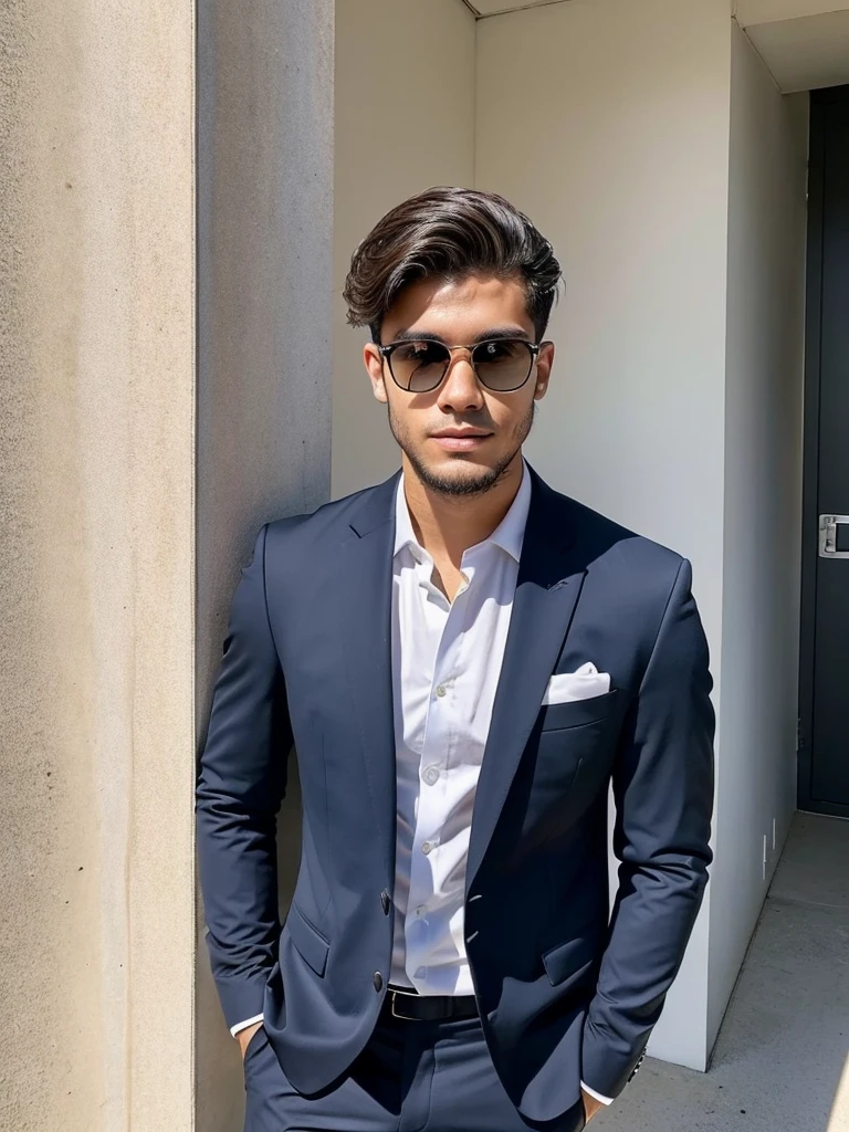 22-year-old Brazilian man in a suit with his hand in his pocket, short hair without a beard with a ring on his finger, no quarto selfie 🤳🏽 realista, and great quality  