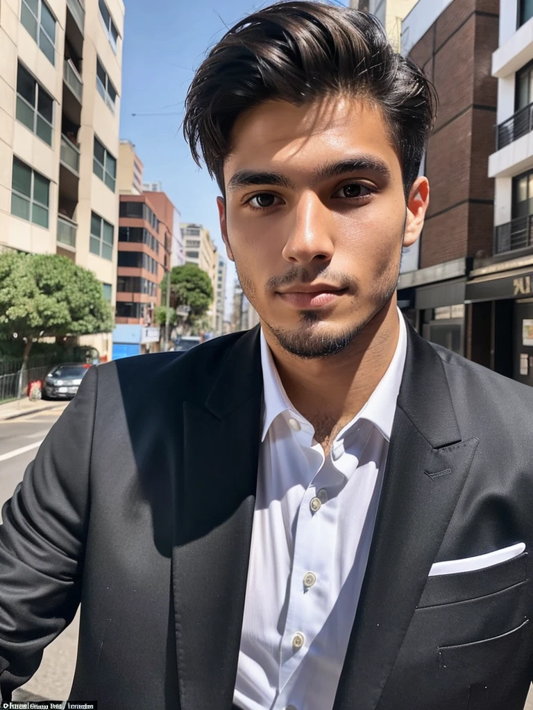 22-year-old Brazilian man in a suit with his hand in his pocket, short hair without a beard with a ring on his finger, no quarto selfie 🤳🏽 realista, and great quality