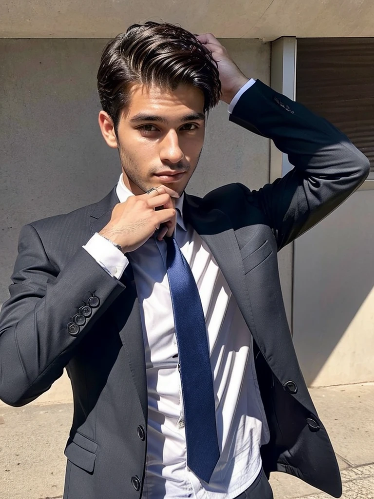 22-year-old Brazilian man in a suit with his hand in his pocket, short hair without a beard with a ring on his finger, no quarto selfie ๐คณ๐ฝ realista, and great quality