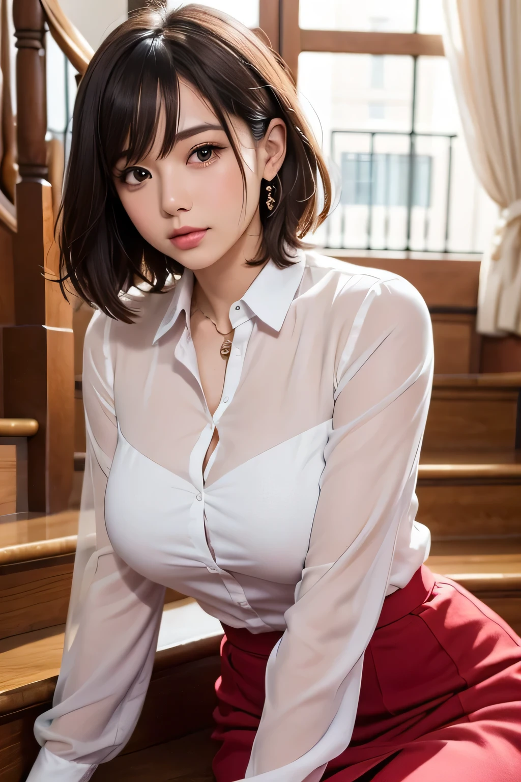 One Woman, alone, middle aged, Beautiful middle aged woman、I could see the whole body、 ((short hair)), ((Brown eyes, Beautiful eyelashes, Realistic eyes)), ((Detailed face, blush:1.2)), ((Smooth texture:0.75, Realistic texture:0.65, Realistic:1.1, Anime CG style)), ((Glamorous Body)),((Big Breasts)), Dynamic Angle, Perfect body, ((Light purple transparent blouse, Red Skirt))、(Hotel stairs)、that'the wind is strong、(Very embarrassing panic smile)、I can see her panties peeking out in front of me.., Angle looking up from the top of the stairs、 (((The wind blew up her skirt、Your pants are completely visible..、Pink Floral Panty Star Piece, Highest quality, High resolution, Pixel perfect, 8k,))),