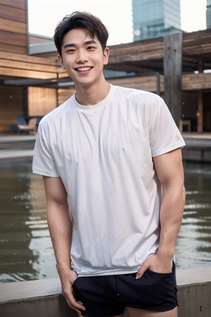 young man 20 years old , (ทรงผมแบบ Crew Cut: 1.3 ), black hair, short hair details, burly handsome man , white t-shirt ,White swimming trunks with large bulges, strong, handsome, outdoor, Take a steam shower., hot spring, Onsen, sweat, look at the audience., depth of field, Bokeh, Detailed background, Detailed light, diffuse natural sunlight, Skin glows naturally., symmetrical eyes, Big smile