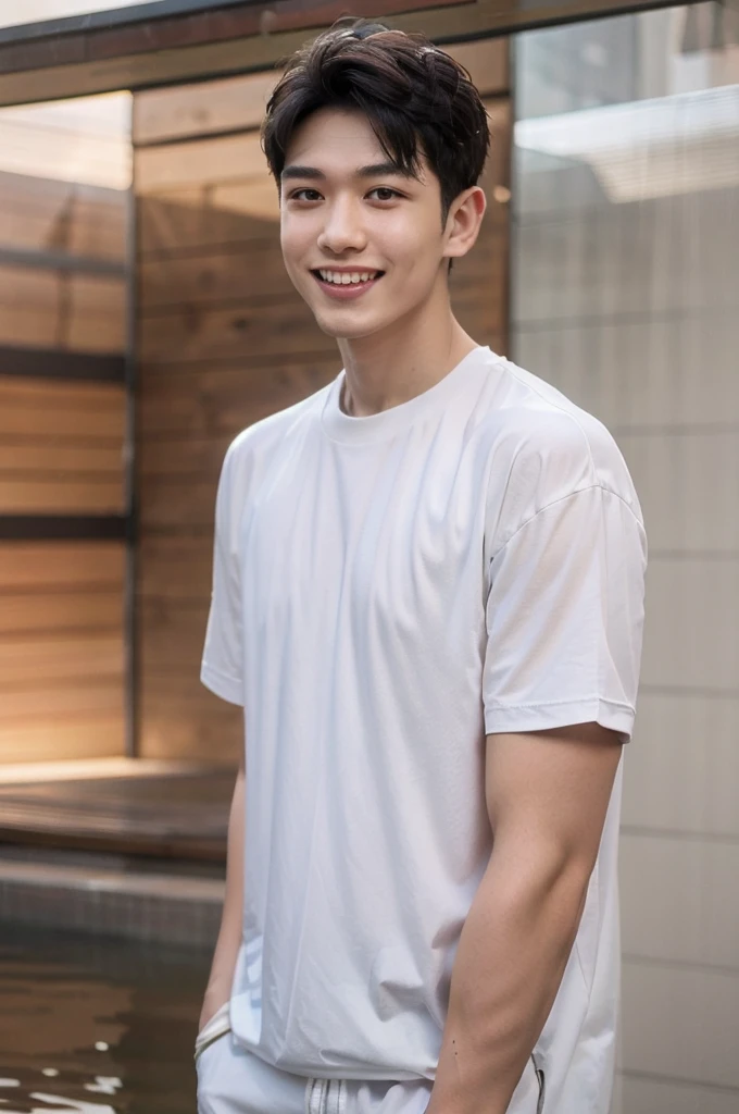 young man 20 years old , (ทรงผมแบบ Crew Cut: 1.3 ), black hair, short hair details, burly handsome man , white t-shirt ,White swimming trunks with large bulges, strong, handsome, outdoor, Take a steam shower., hot spring, Onsen, sweat, look at the audience., depth of field, Bokeh, Detailed background, Detailed light, diffuse natural sunlight, Skin glows naturally., symmetrical eyes, Big smile