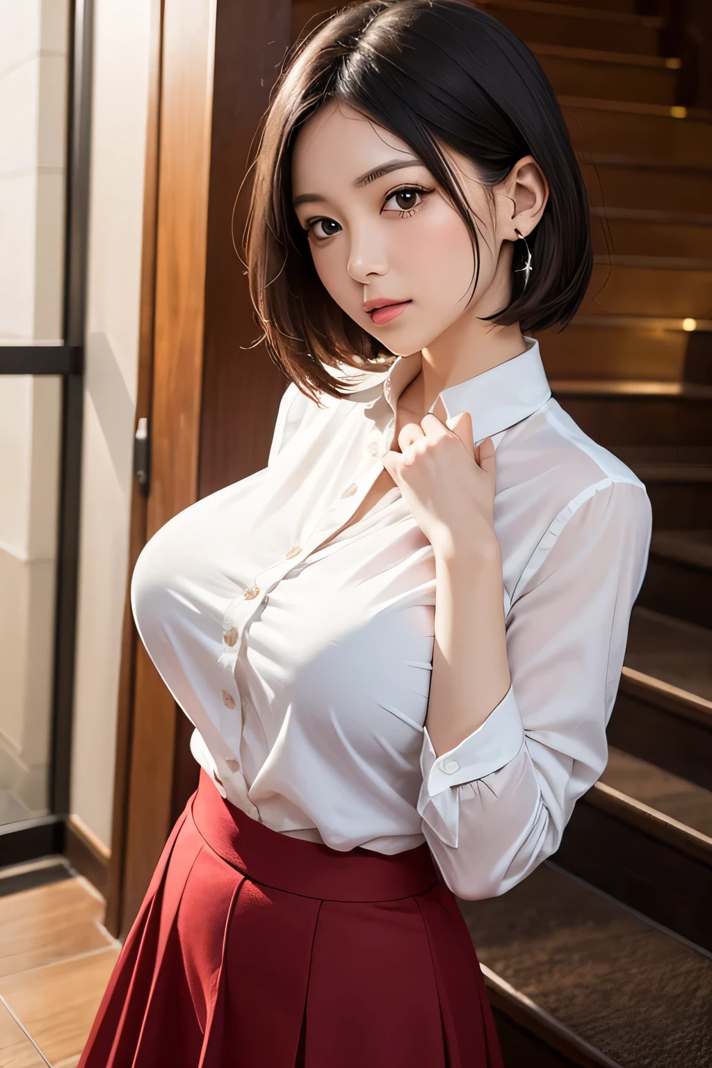 One Woman, alone, middle aged, Beautiful middle aged woman、I could see the whole body、 ((short hair)), ((Brown eyes, Beautiful eyelashes, Realistic eyes)), ((Detailed face, blush:1.2)), ((Smooth texture:0.75, Realistic texture:0.65, Realistic:1.1, Anime CG style)), ((Glamorous Body)),((Big Breasts)), Dynamic Angle, Perfect body, ((Light purple transparent blouse, Red Skirt))、(Hotel stairs)、that&#39;the wind is strong、(Very embarrassing panic smile)、I can see her panties peeking out in front of me.., Angle looking up from the top of the stairs、 (((The wind blew up her skirt、Your pants are completely visible..、Pink Floral Panty Star Piece, Highest quality, High resolution, Pixel perfect, 8k,))), 