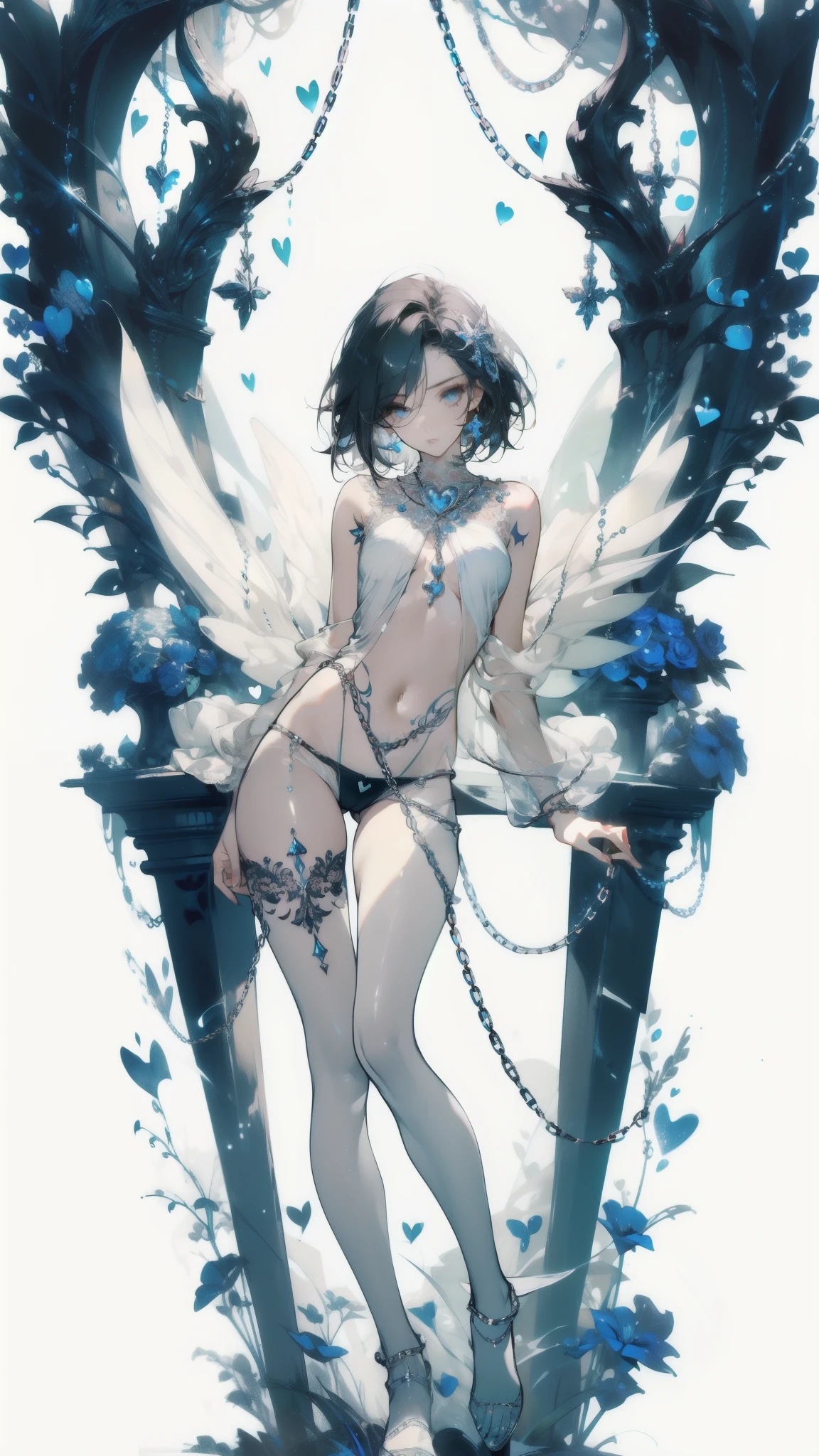 ((masterpiece, best quality)), Delicate face，Angel，Standing picture，whole body，Perfect body proportions，Long legs，Handsome short hair，beautiful eyes，Fantasy style，White background，Extremely beautiful，transparent，pornographic，Bare chest，chain，Tattoo，Lace，Heart-shaped decoration