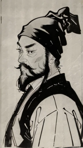 Three Kingdomonochrome)))、(((Tie your hair、Bearded young man in armor wearing a black swimming cap)))、（（Ancient Chinese Armor Men））、（Ink Painting）、Highest quality、masterpiece、Ultra-high resolution、(Realistic:1.4)、Game Poster、The Three Bearded Men of the Kingdom,Oriental、Three Kingdoms演義に見られるように々military commander、Crisp and beautiful image quality ,(Skin of color)、 gloves, Long trousers, (Very detailed, bloom:1.5), (Highest quality, Concept Art, 4K), (analog:1.2), (high sharpness), (Detailed pupil:1.1),,Detailed face and eyes, masterpiece, Highest quality, (Very detailed:1.1), 8k, photoRealistic, (PurerosFace_v1:0.2), [:(Detailed face:1.2):0.2], sharp,Realistic Shadow, 