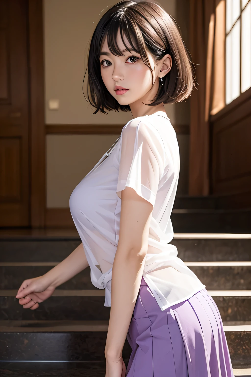 One Woman, alone, middle aged, Beautiful middle aged woman、I could see the whole body、 ((short hair)), ((Brown eyes, Beautiful eyelashes, Realistic eyes)), ((Detailed face, blush:1.2)), ((Smooth texture:0.75, Realistic texture:0.65, Realistic:1.1, Anime CG style)), ((Glamorous Body)),((Big Breasts)), Dynamic Angle, Perfect body, ((Light purple transparent blouse, Red Skirt))、(Hotel stairs)、that'the wind is strong、(Very embarrassing panic smile)、I can see her panties peeking out in front of me.., Angle looking up from the top of the stairs、 (((The wind blew up her skirt、Your pants are completely visible..、Pink Floral Panty Star Piece, Highest quality, High resolution, Pixel perfect, 8k,))),
