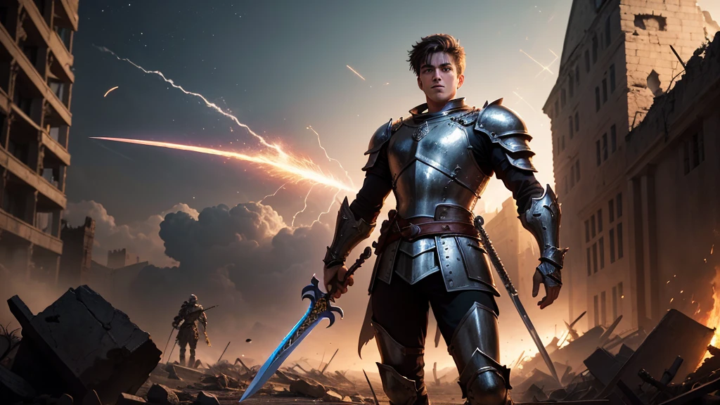 A valiant 18-year-old boy named David, clad in medieval armor, charges towards a colossal foe wielding a gleaming, ancient sword. The battlefield, a mix of moonlit shadows and fiery sparks, echoes with the clash of steel and the roar of the titan. David, with determination etched on his face, delivers a decisive strike, causing the giant to crumble, signifying his triumph. The victorious David stands tall amidst the rubble, his sword raised high, basking in the soft glow of the moonlight.