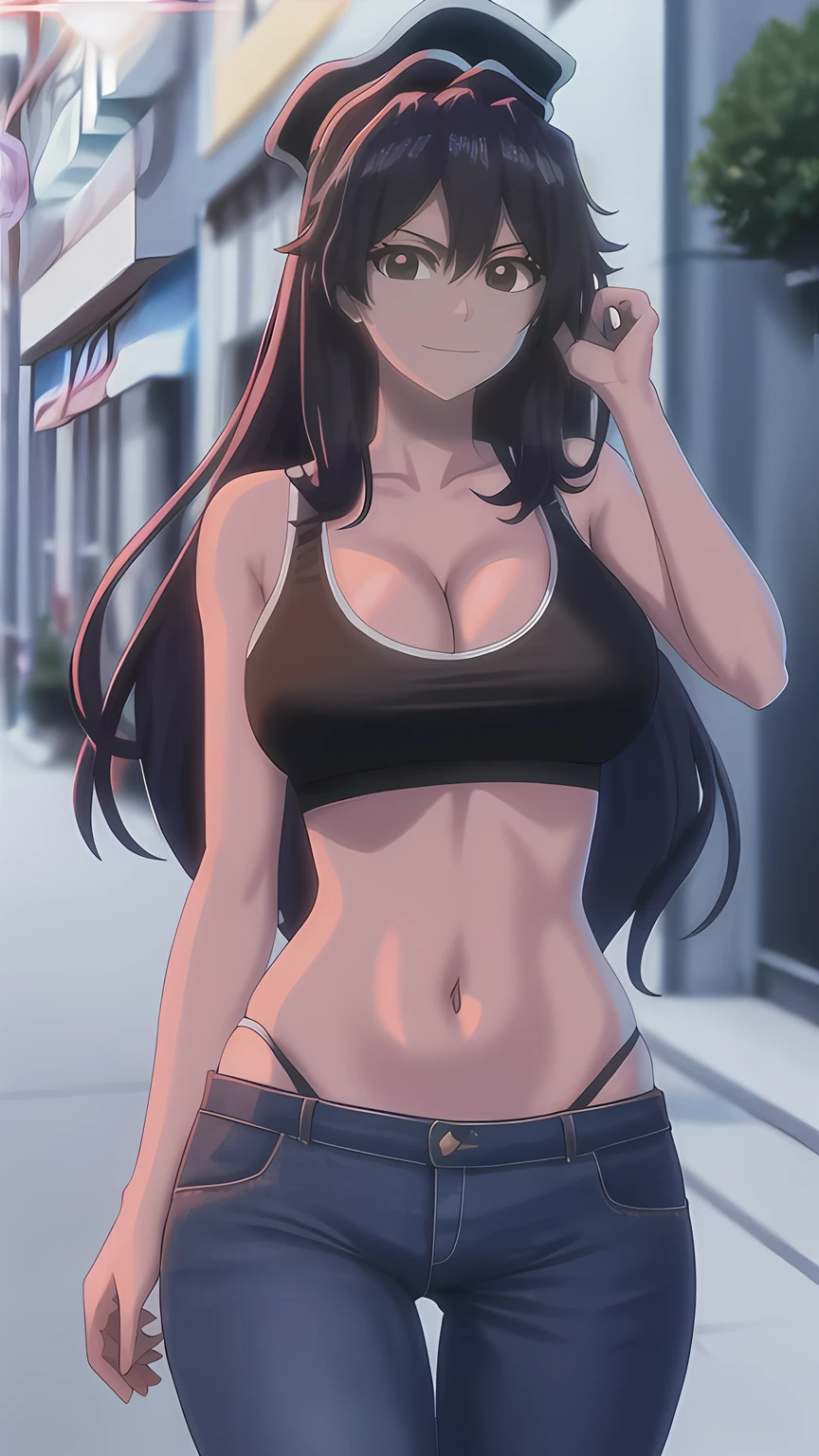 front view detailed body, long belly , Slender body, tight body , thicc, large breast, breast, long thighs, masterpiece, long hair, very long hair, bangs, black hair,hair_between_eyes,  cowboy shot, front shot, looking at viewer, 1girl, 1girl, solo, breasts, long_hair, underwear, navel, pants, bra, sweatpants, cleavage, black_bra, panties, black hair, looking_at_viewer, black_pants, medium_breasts, lips, cowboy_shot, black_panties, plant20yo,Young female,Beautiful Finger,Beautiful long legs,Beautiful body,Beautiful Nose,Beautiful character design, perfect eyes, perfect face,expressive eyes, looking at viewer,(Full_body),(Focus on her face), official art,extremely detailed CG unity 8k wallpaper, perfect lighting,Colorful, Bright_Front_face_Lighting,shiny skin, (masterpiece:1.0),(best_quality:1.0), ultra high res,4K,ultra-detailed, photography, 8K, HDR, highres, absurdres:1.2, Kodak portra 400, film grain, blurry background, bokeh:1.2, lens flare, (vibrant_color:1.2) (Beautiful,large_Breasts:1.4), (beautiful_face:1.5),(narrow_waist), facing the viewer