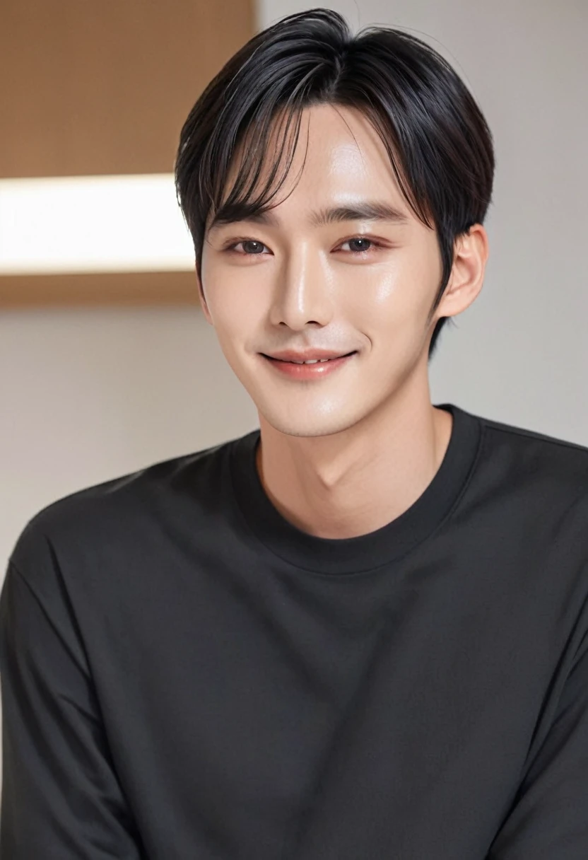 Close up of man wearing black shirt and black shirt, Lee Won Bin, Cute and lovely Korean face, a amazing man,black short hair, Inspired by Myungguk Kim, amazing face, Doyoung Kim, amazing male, amazing man, Jinyoung Shin, amazing attractive face, amazing, A work inspired by Byeon Sang-byeok, Korean man smiling