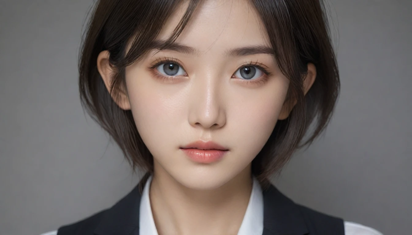 8k, Ultra-high resolution, Highest quality, masterpiece, 三分割法によるphotograph,Surreal, photograph, 1 Girl, (16 years old:1.3), pretty girl, Cute Face, Beautiful eyes in every detail, 細かくdetailedに,masterpiece,One Girl:1.2, Japan Female Announcer,extream close up,sad,streaming tears,Long black hair,Short Hair,Messy hair,(black suit:1.3),mourning clothes,(印象派の美しい少女のPortraiture), (Gray background:1.3),(Impressionist light and colour),Realistic Skin, Perfect and beautiful face ,完璧でCute Face, Skin with attention to detail, Perfect limbs、Narrow waist,Looking at the audience、beauty,Long neck,clavicle,(((Ideal body type))),A cup small breasts :2,Portraiture:2,Perfect Anatomy,鮮明なdetailed,detailed,Surreal,Light and shadow,spotlight