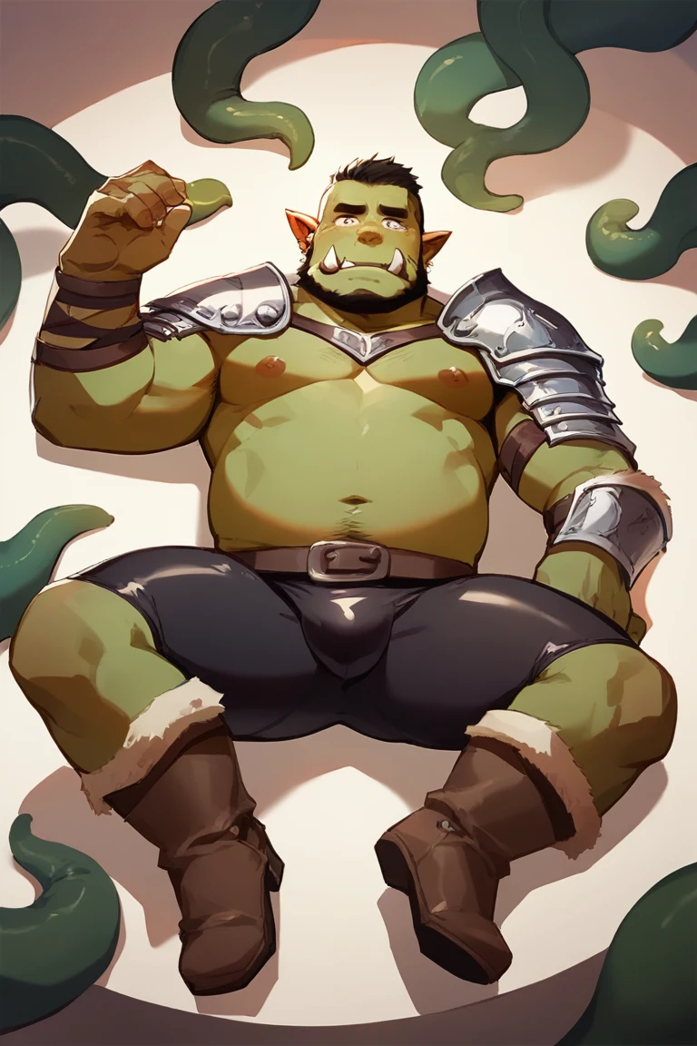 score_9, score_8_up, score_7_up, solo, male focus, chubby male, orc, green skin, tusks, nipples , micro armor , shoulder armor , strip club , (( black tight )) , ((( arouse by tentacles ))) , full body , armor boots , laying spread legs , tear , ashamed face