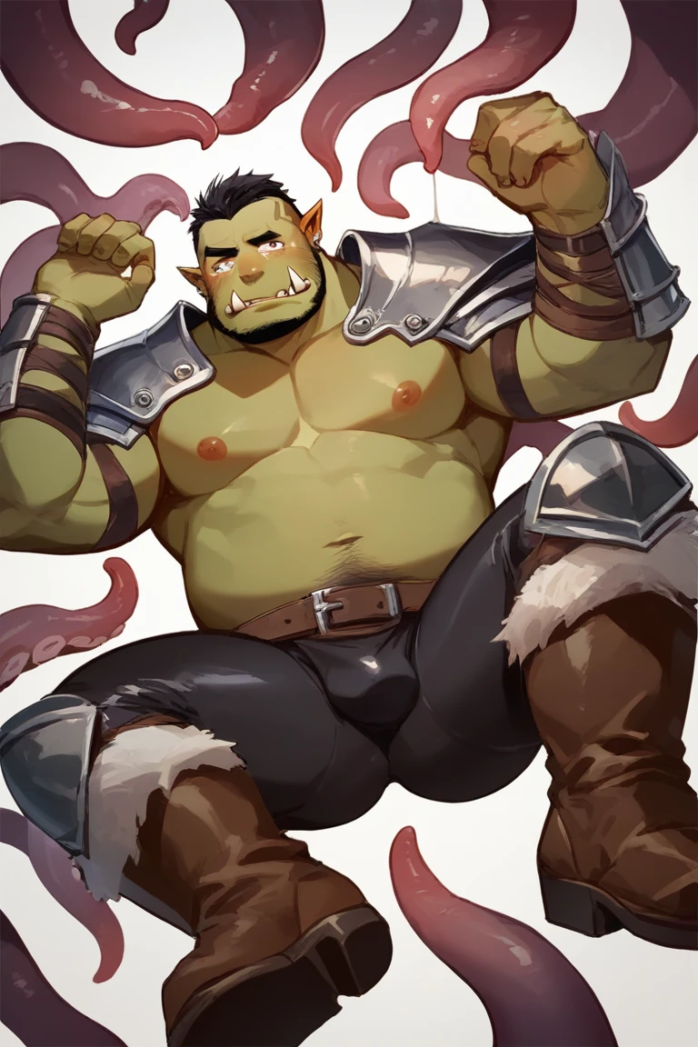 score_9, score_8_up, score_7_up, solo, male focus, chubby male, orc, green skin, tusks, nipples , micro armor , shoulder armor , strip club , (( black tight )) , ((( arouse by tentacles ))) , full body , armor boots , laying spread legs , tear , ashamed face