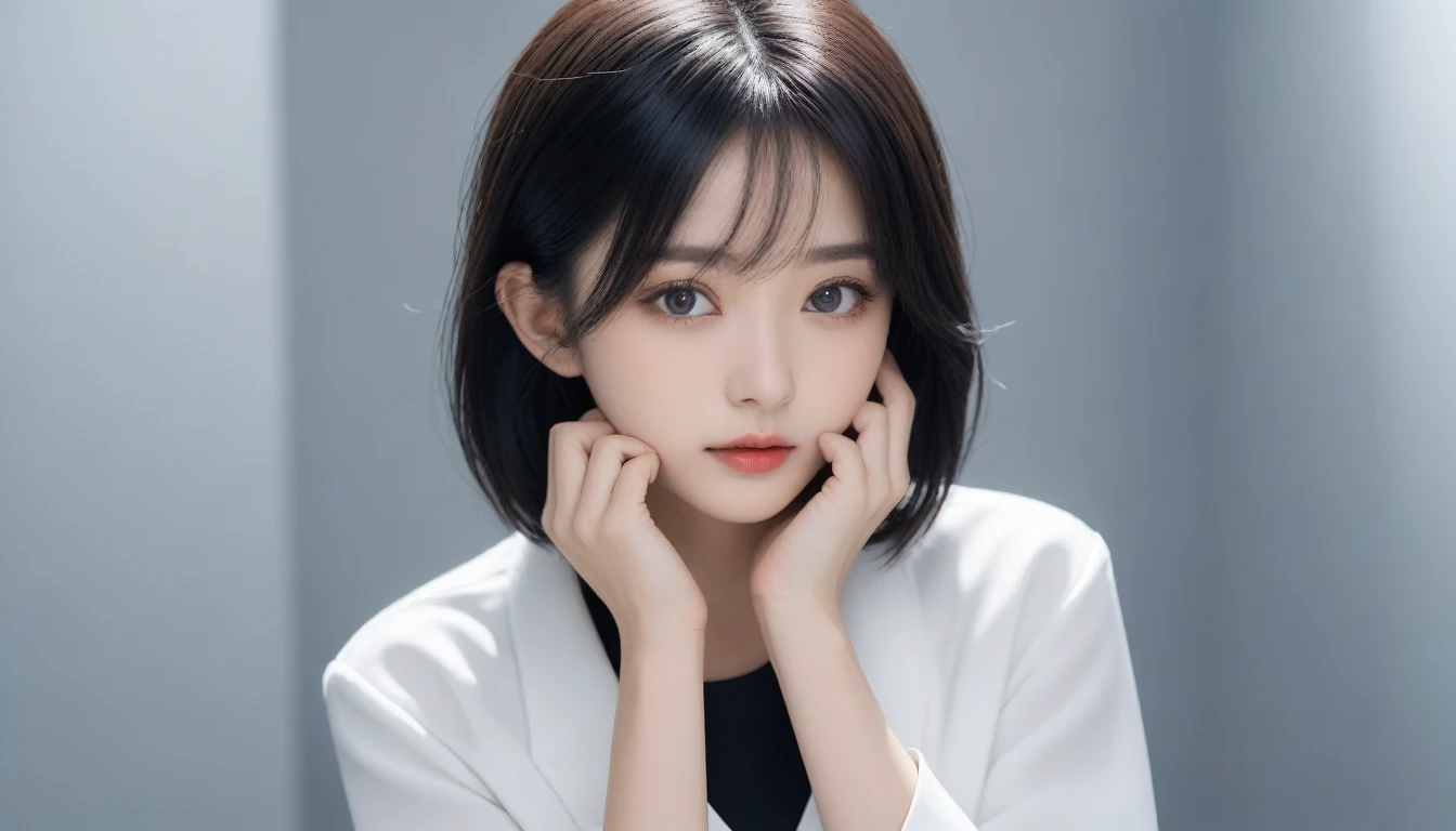 8k, Ultra-high resolution, Highest quality, masterpiece, 三分割法によるphotograph,Surreal, photograph, 1 Girl, (16 years old:1.3), pretty girl, Cute Face, Beautiful eyes in every detail, 細かくdetailedに,masterpiece,One Girl:1.2, Japan Female Announcer,extream close up,sad,streaming tears,Long black hair,Short Hair,Messy hair,(black suit:1.3),mourning clothes,(印象派の美しい少女のPortraiture), (Gray background:1.3),(Impressionist light and colour),Realistic Skin, Perfect and beautiful face ,完璧でCute Face, Skin with attention to detail, Perfect limbs、Narrow waist,Looking at the audience、beauty,Long neck,clavicle,(((Ideal body type))),A cup small breasts :2,Portraiture:2,Perfect Anatomy,鮮明なdetailed,detailed,Surreal,Light and shadow,spotlight