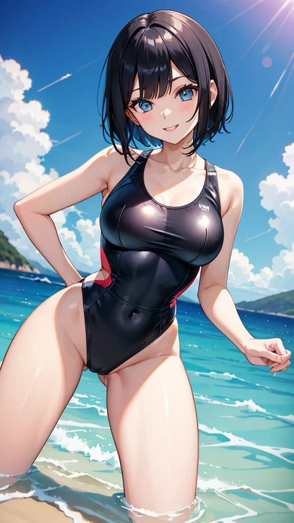 Swimsuit　Black bob hair　22 years old　Adult sister　Blue Eyes　Great style　smile　Directly facing　universe space