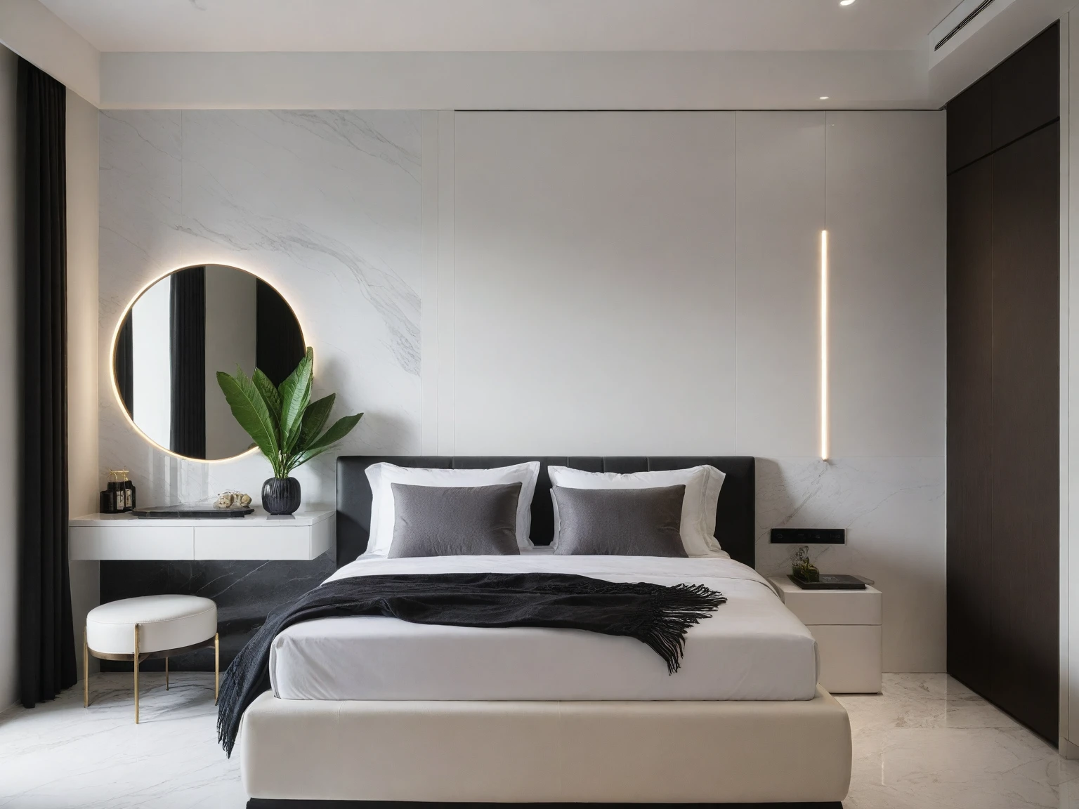 Raw photo,Masterpiece, high quality, best quality, authentic, super detail,
indoors, interior , ((bedroom :1.3)), modern style, daylight, (WHITE WALL),luxury, marble tile floor, fridge, black stone counter top