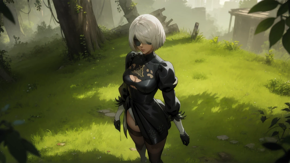 portrait of a girl, лицо близко to the camera, face close up, (((лежит on the back, the viewer looks at her from above))), POV view from above, view above it, embarrassed, (((Shows off the chest))), on the back, (very detailed eyes, pupils, Lips 1.1), blindfold, gloomy composition, gloomy background, the forest, ruins covered with moss, Tall trees, nature, the lights of a sun, very detailed. very detailed eyes, grey-blue eyes, beautiful figure, Ruin, ruined city, very detailed eyes, beautiful figure, Lucy from the anime series 1 girl, facing the viewer, beautiful figure (Correct anatomy 1.1.), full length (Full body 1.1), slim, A slim body, A slim body, slender legs, anime style, White hair, White hair, that disappear at the ends, Bob hairstyle, Cutouts on the shoulders, Cutouts on the chest, Neckline at the waist, black stockings, Black short skirt, white panties, very detailed face, Very beautiful face, very sexy, full length (Full body 1.1), маленькая elastic грудь, small ass, Красивая A slim body, Small buttocks, world, Femininity,chedevr,Best quality,very detailed,Visible to your feet, permission 8k, High sharpness, permission 8k, very detailed, 8k contract, professional lighting, photon mapping,physical rendering, perfect face, Detailed face and body, Ray tracing, expressive look, Cinmatic worlding,elastic , Increased sexuality,
