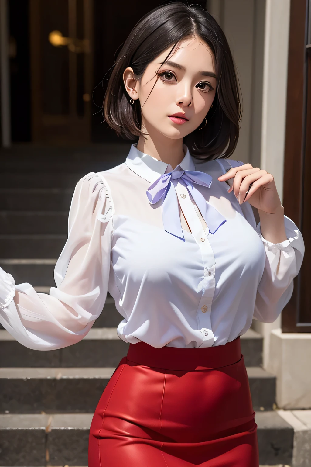 One Woman, alone, middle aged, Beautiful middle aged woman、I could see the whole body、 ((short hair)), ((Brown eyes, Beautiful eyelashes, Realistic eyes)), ((Detailed face, blush:1.2)), ((Smooth texture:0.75, Realistic texture:0.65, Realistic:1.1, Anime CG style)), ((Glamorous Body)),((Big Breasts)), Dynamic Angle, Perfect body, ((Light purple transparent blouse, Red Skirt))、(Hotel stairs)、that&#39;the wind is strong、(Very embarrassing panic smile)、I can see her panties peeking out in front of me.., Angle looking up from the top of the stairs、 (((The wind blew up her skirt、Your pants are completely visible..、Pink Floral Panty Star Piece, Highest quality, High resolution, Pixel perfect, 8k,))), 