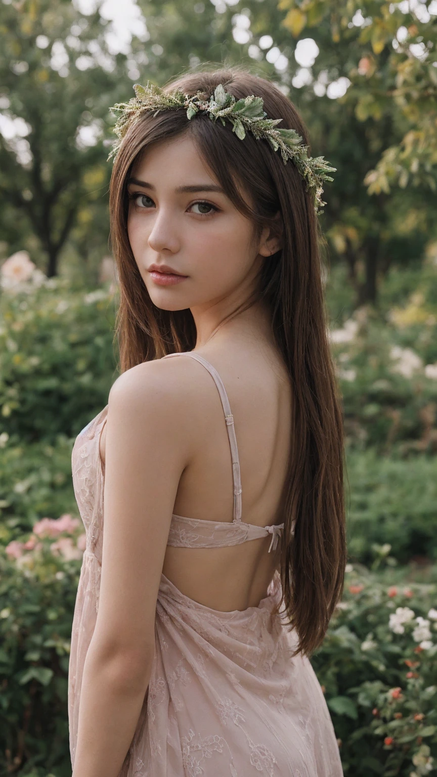 a girl. face sent feeling. Europe. Oval face. long face. delicate facial features. seductively seductive. Beautifully detailed dull eyes. green eyes. long straight hair. green hair. wreath on head. big body. Sad. shy. green silk nightgown. shy sitting posture. straight face. outdoor