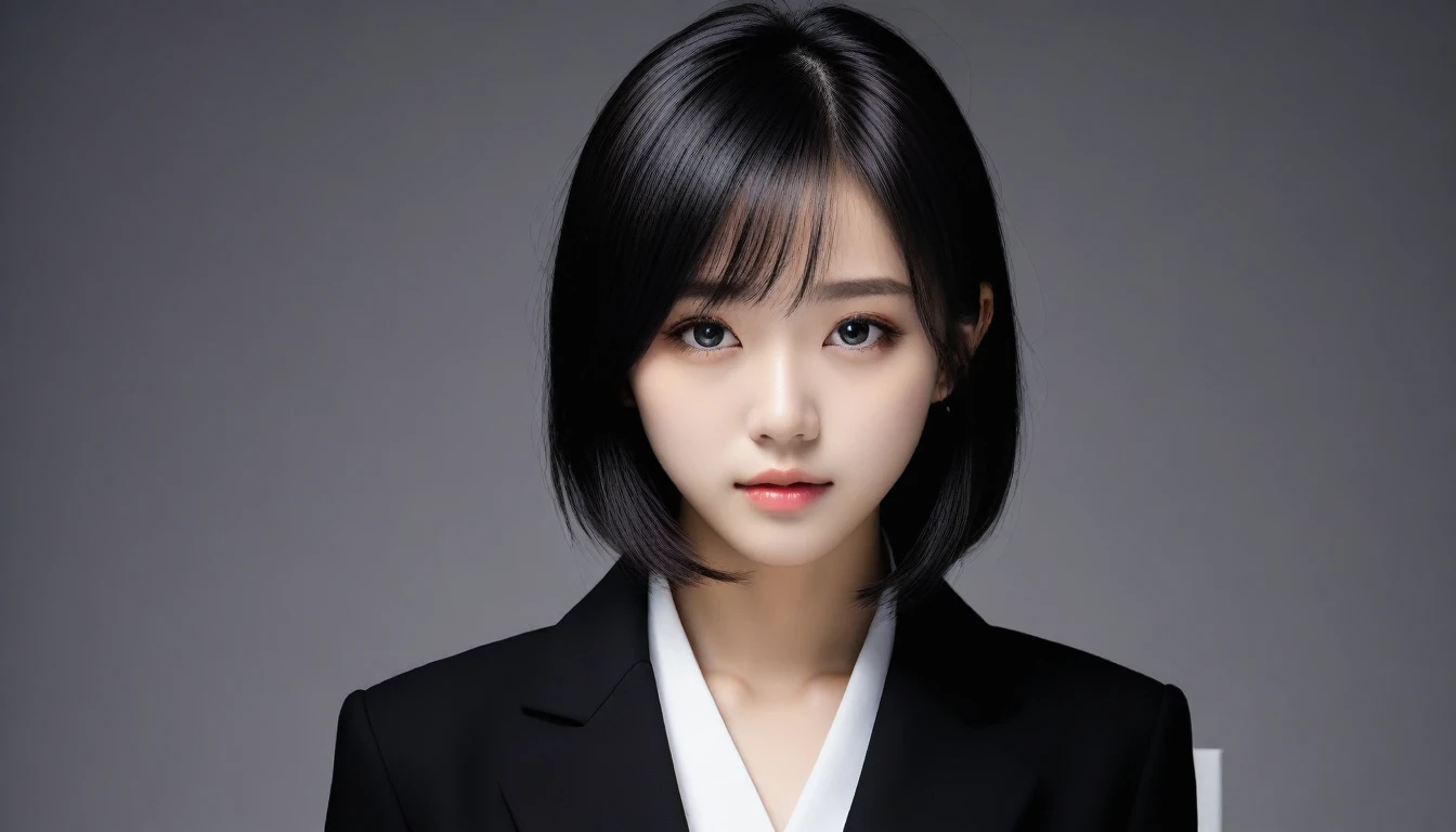 8k, Ultra-high resolution, Highest quality, masterpiece, 三分割法によるphotograph,Surreal, photograph, 1 Girl, (:1.3), pretty girl, Cute Face, Beautiful eyes in every detail, 細かくdetailedに,masterpiece,One Girl:1.2, Japan Female Announcer,extream close up,sad,streaming tears,Long black hair,Short Hair,Messy hair,(black suit:1.3),mourning clothes,(印象派の美しい少女のPortraiture), (Gray background:1.3),(Impressionist light and colour),Realistic Skin, Perfect and beautiful face ,完璧でCute Face, Skin with attention to detail, Perfect limbs、Narrow waist,Looking at the audience、beauty,Long neck,clavicle,(((Ideal body type))),A cup small breasts :2,Portraiture:2,Perfect Anatomy,鮮明なdetailed,detailed,Surreal,Light and shadow,spotlight