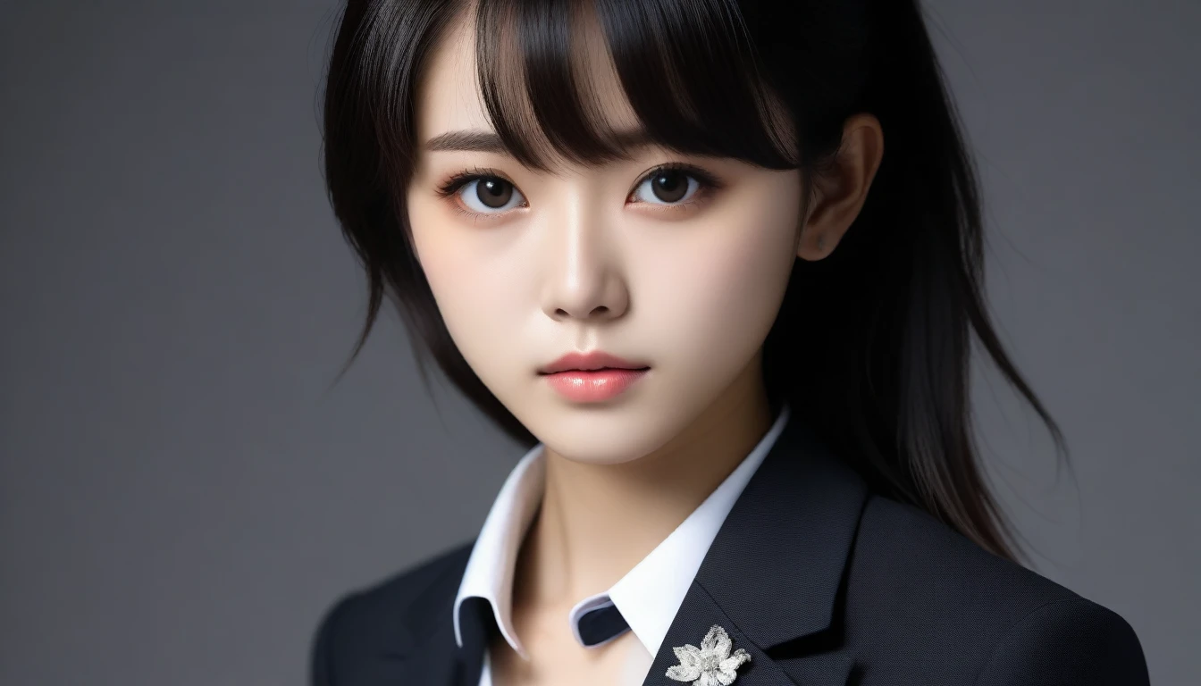 8k, Ultra-high resolution, Highest quality, masterpiece, 三分割法によるphotograph,Surreal, photograph, 1 Girl, (16 years old:1.3), pretty girl, Cute Face, Beautiful eyes in every detail, 細かくdetailedに,masterpiece,One Girl:1.2, Japan Female Announcer,extream close up,sad,streaming tears,Long black hair,Short Hair,Messy hair,(black suit:1.3),mourning clothes,(印象派の美しい少女のPortraiture), (Gray background:1.3),(Impressionist light and colour),Realistic Skin, Perfect and beautiful face ,完璧でCute Face, Skin with attention to detail, Perfect limbs、Narrow waist,Looking at the audience、beauty,Long neck,clavicle,(((Ideal body type))),A cup small breasts :2,Portraiture:2,Perfect Anatomy,鮮明なdetailed,detailed,Surreal,Light and shadow,spotlight