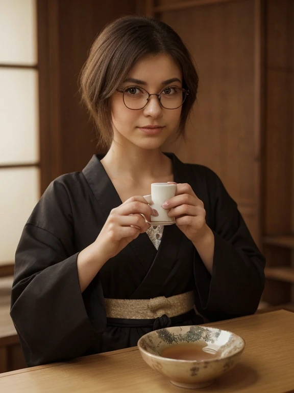 Japanese house from the Edo era, room overlooking the internal garden, tatami, очаровательная русская круглолицая 18-тилетняя девушка в очках с эстетичной очень маленькой подростковой незаметной грудью сидит по-японски на tatami, Slavic face type, dressed in a traditional black silk kimono over her naked body, tousled brown short hair, perfect beautiful detailed round face, round cheeks, small round chin, sensual plump lips, very realistic vibrant expressive brown eyes with a deep look, (realistic glasses with strong distorting lenses), Beautiful hands, Graceful fingers, holding a bowl of tea, tea ceremony, realistic human skin textures:1.5, detailed realistic clothing textures:1.4, careful detailed drawing of the background environment:1.4, many small details, intricate details, ethnic Japanese features of the environment, daylight,