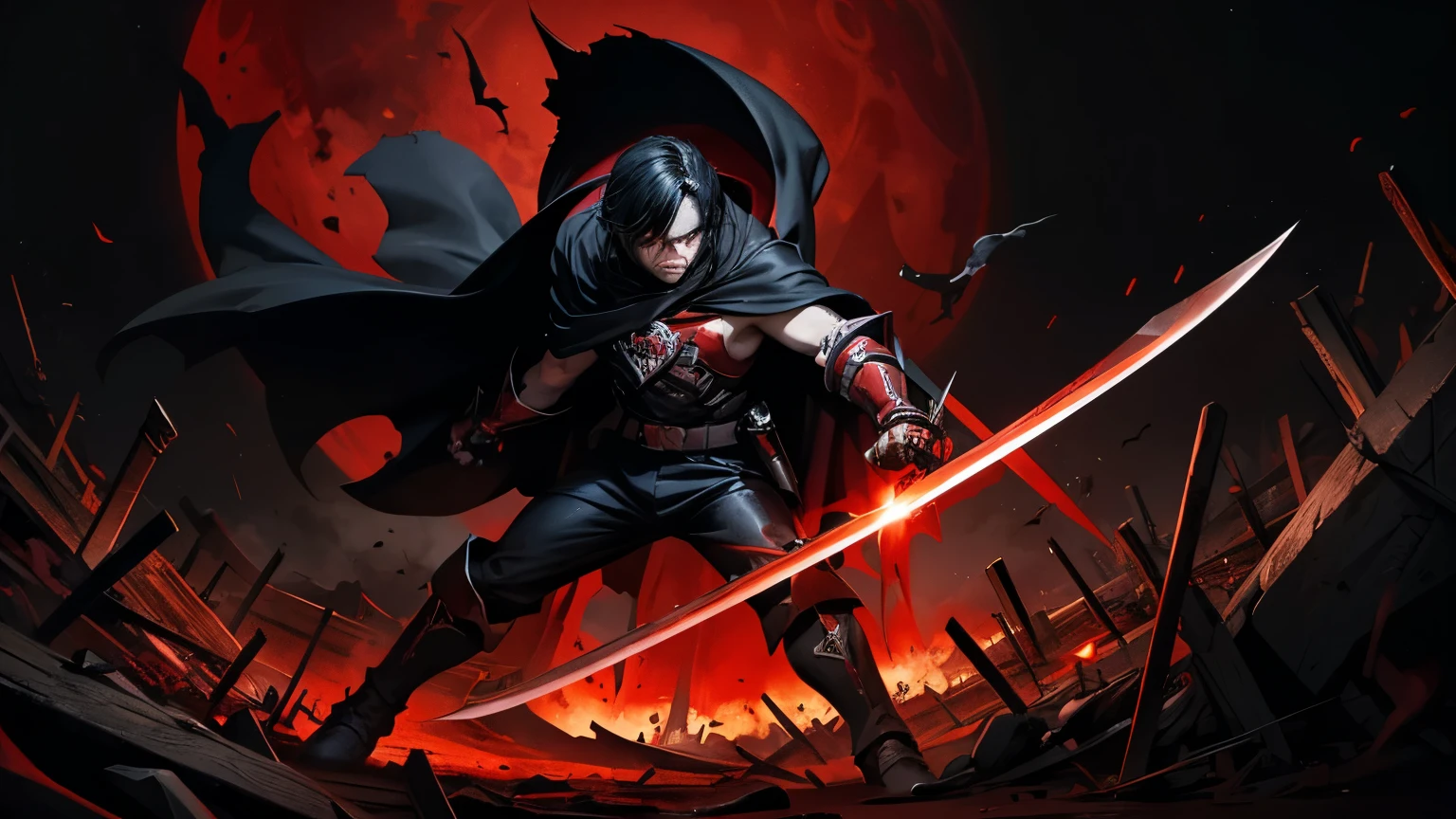The boy is filled with murderous intent,There are piles of corpses under my feet,Red pupils and black eyes,Holding a bloody sword,Wearing a red cape,The dark night hangs a terrifying red moon,Anime style