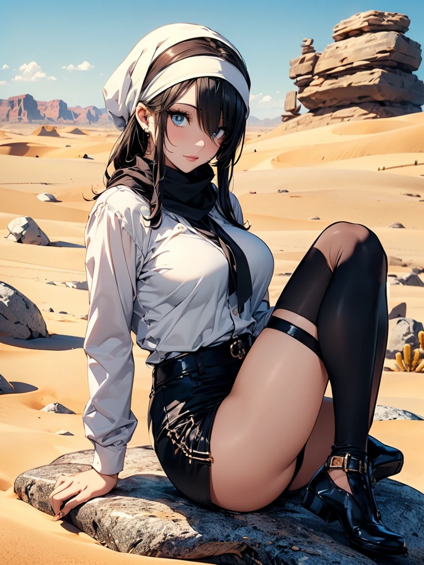 A mature woman with long black hair and white clothing, (On a rock in the desert:1.5), (Take a break at the oasis:1.2, Sitting with legs spread:1.5, Sit cross-legged:1.3, Lakefront:1.2), Arab, (Post-apocalyptic:0.0), From Ark of Tomorrow, guweiz style artwork, Body fetish, Fine details. Girls Frontline, Beautiful anime illustration, from Girls Frontline, author：Yang J, amazing, 26 years old, (:1.3), (Solitary:1.5), (SFW:1.25), Breast sagging, Large Breasts, Large target , Thin waist, Large target ass, Sexy bulge, (Dark mahogany short hair, Hair Bun, Hair covering one eye, Asymmetrical hair, Carly hair, Low),(Muslim, 白色scarf, Headband, Today&#39;s Head, scarf), (Ultra-high resolution, 8K Original Photo, Photorealism, Thin outline:1.3, Be focused), Best quality, Natural Lighting, Blurred background, Depth of Field, Bokeh, (smart student, Detailed beautiful eyes, High detail face), Red lips, Look away, (Dynamic Angle, Front view:1.1, Crotch focus:1.3, from above), Dynamic poses, Sexy posing, Lean forward, Seductive smile, Center Image, (Wearing a long white coat and clothes, Wearing a white robe, Platinum jewelry, Rolling up the white clothes at the waist, Camel brown long leather boots:1.3, Translucent lace pantyhose), ((Correct anatomy:1.5)), ((outdoor:1.2, In one night:1.3)),