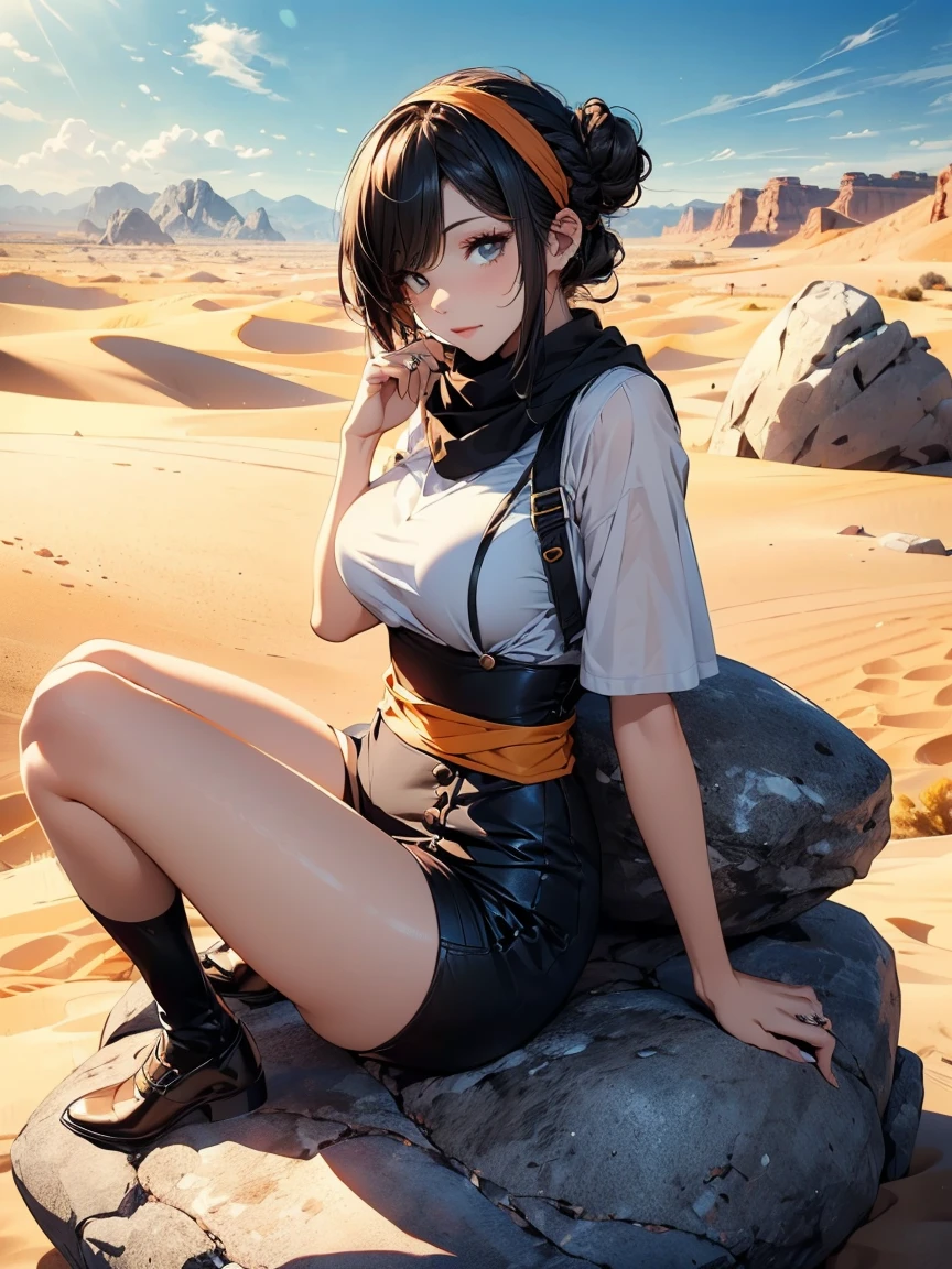 A mature woman with long black hair and white clothing, (On a rock in the desert:1.5), (Take a break at the oasis:1.2, Sitting with legs spread:1.5, Sit cross-legged:1.3, Lakefront:1.2), Arab, (Post-apocalyptic:0.0), From Ark of Tomorrow, guweiz style artwork, Body fetish, Fine details. Girls Frontline, Beautiful anime illustration, from Girls Frontline, author:Yang J, amazing, 26 years old, (:1.3), (Solitary:1.5), (SFW:1.25), Breast sagging, Large Breasts, Large target , Thin waist, Large target ass, Sexy bulge, (Dark mahogany short hair, Hair Bun, Hair covering one eye, Asymmetrical hair, Carly hair, Low),(Muslim, 白色scarf, Headband, Today's Head, scarf), (Ultra-high resolution, 8K Original Photo, Photorealism, Thin outline:1.3, Be focused), Best quality, Natural Lighting, Blurred background, Depth of Field, Bokeh, (smart student, Detailed beautiful eyes, High detail face), Red lips, Look away, (Dynamic Angle, Front view:1.1, Crotch focus:1.3, from above), Dynamic poses, Sexy posing, Lean forward, Seductive smile, Center Image, (Wearing a long white coat and clothes, Wearing a white robe, Platinum jewelry, Rolling up the white clothes at the waist, Camel brown long leather boots:1.3, Translucent lace pantyhose), ((Correct anatomy:1.5)), ((outdoor:1.2, In one night:1.3)),