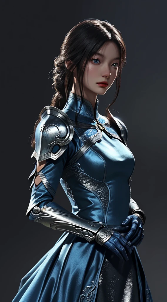 a close up of a woman in a silver and blue dress, chengwei pan on artstation, by Yang J, detailed fantasy art, stunning character art, fanart best artstation, epic exquisite character art, beautiful armor, extremely detailed artgerm, detailed digital anime art, artgerm on artstation pixiv, armor girl