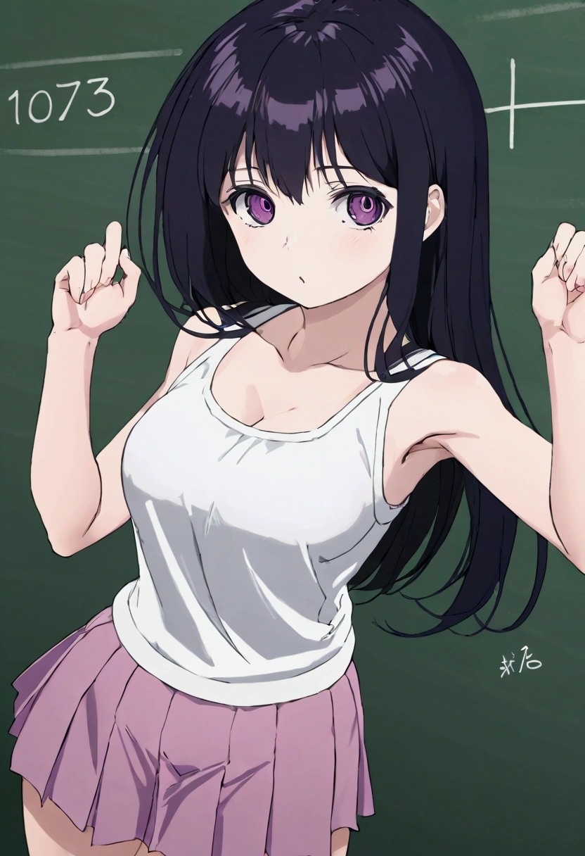 (Highest quality)), ((masterpiece)), ((Ultra-detailed)), (Very delicate and beautiful),nsfw,(anime artwork:1.5),(oto adashino),chalkboard,(classroom),sleeveless,small breasts,breast focus,erection of nipple,teenage girl((small breasts,purple eyes,black hair,long hair,slender,Black short skirt,fluttering hair,see-through white navel tank top)),(Lift up the skirt:1.4),(white panties visible:1.3),(cameltoe:1.2),(love juice:0.7), (frown:1.2),(angry:1.2),contemptuous,disdain,(hate:1.3),looking down,elegant,active angle,dynamism pose,from below,(embarrassed,nose blush:1.3),official art,8K,