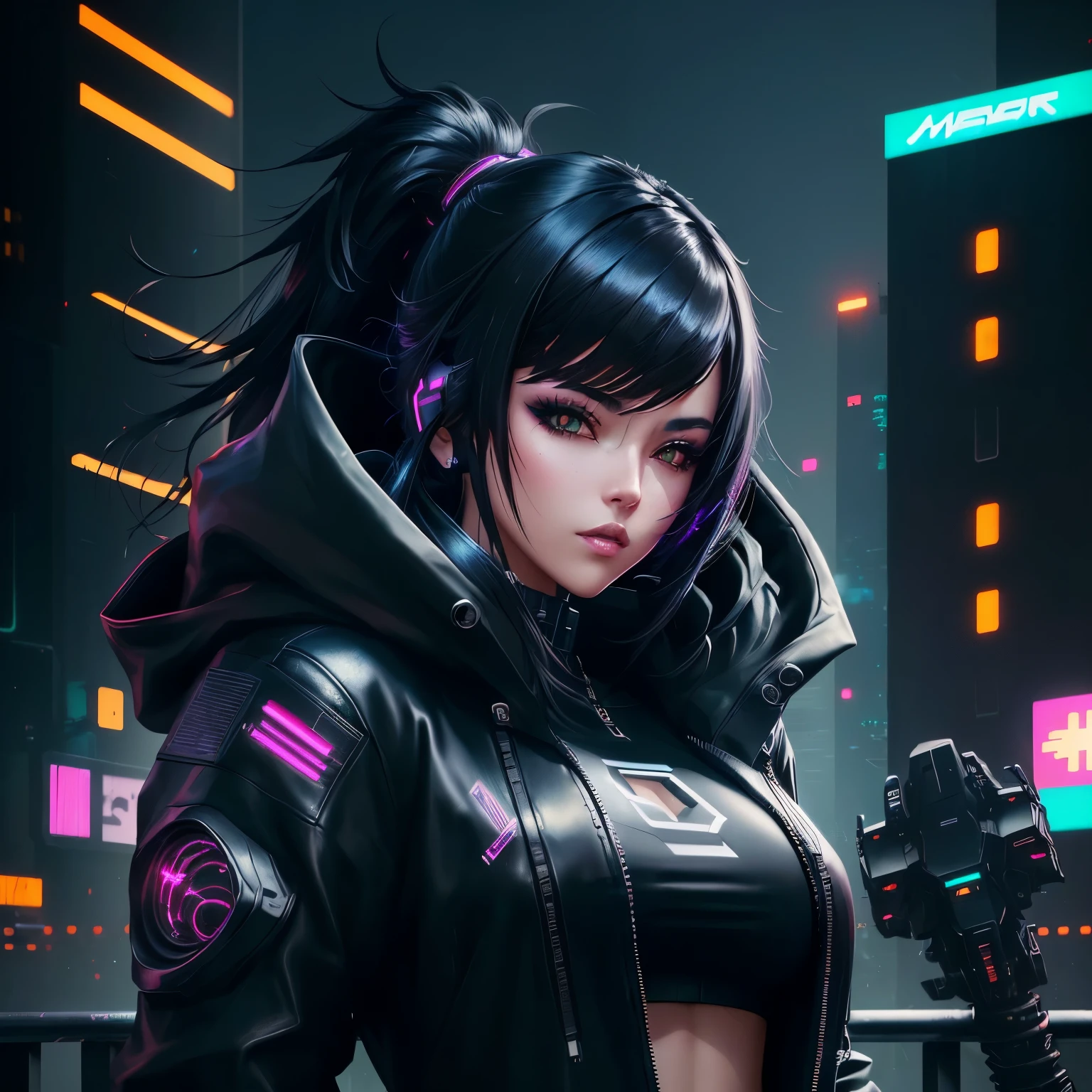 cyber girl in a black leather outfit standing in a dark city, jet black haired cyberpunk girl, digital cyberpunk anime art, cyberpunk anime art, anime cyberpunk art, female cyberpunk anime girl, cyberpunk anime girl, cyberpunk anime girl mech, modern cyberpunk anime, cyberpunk anime girl in hoodie, cyberpunk 2077 rossdraws, digital cyberpunk - anime art, dreamy cyberpunk girl