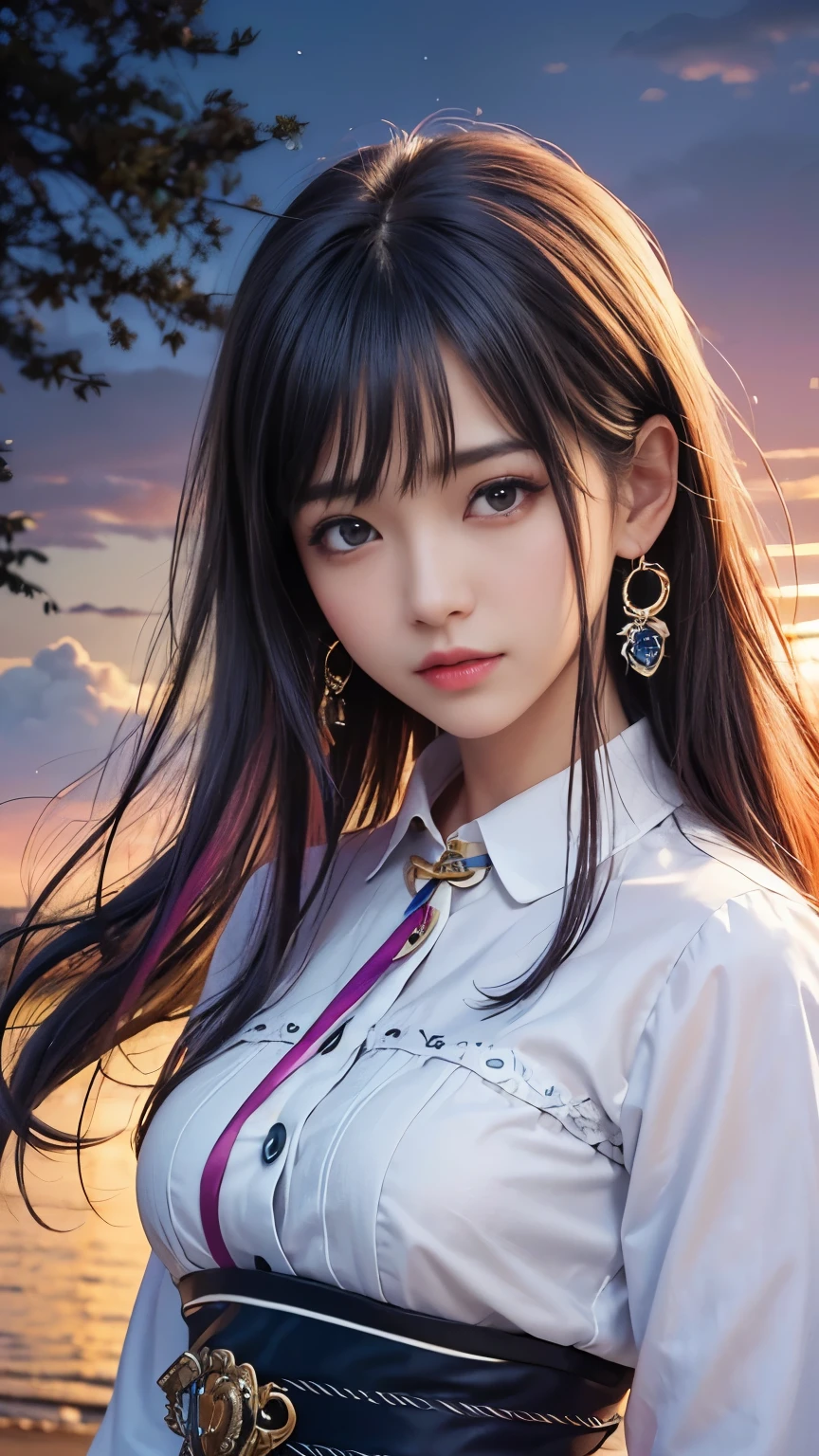 (masterpiece, 最high quality, 最high quality, Official Art, beautifully、aesthetic:1.2),  Very detailed,colorful,Most detailed,night、深night、Degrees of Freedom:1.8、Anatomically correct , (Shiny skin), (Many colors:1.4), beautiful、Japanese、Super big breasts:1.99、Small waist:1.3、High resolution、high quality、high resolution、Realistic、realism、Photorealistic、Realistic textured face and body、Perfect Anatomy、beautiful、Rainbow Hair、realism、Realistic、Photorealistic、Raw photo、超A high  resolution  、SLR、Octane Rendering、Detailed Background:Sunset、Large Breasts、