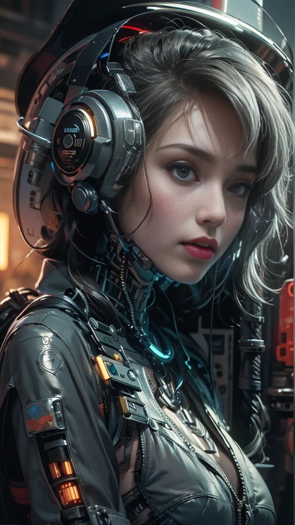top quality, masterpiece, ultrahigh resolution, ((photorealistic: 1.4), RAW photo, 1 cyberpunk android Chica, shiny skin, (Ultra realistic details)), mechanical limbs, Tubes connected to mechanical parts, Mechanical vertebrae attached to the spine, mechanical cervical attachment to the neck, Wires and cables that connect to the head, evangelion, ((Ghost in the shell)), small bright LED lamps, global ilumination, deep shadows, Octane rendering, 8k, ultra Sharp, metal, Intricate ornamental details, baroque details, Very intricate details, Realistic light, CGSoation tendencia, in front of camera, neon details, (Android factory in the background), art by H.r. Giger and Alphonse Mucha.white hair